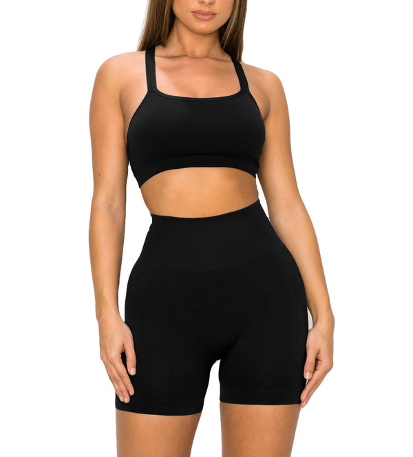 ALWAYS Women's Seamless 2 Piece Set - High Waisted Yoga Bike Workout Shorts and Cropped Crisscross Tank Top - ALWAYS®